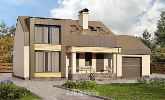 150-015-Л Проект двухэтажного дома с мансардным этажом, гараж, бюджетный домик из арболита Геленджик | Проекты домов от House Expert