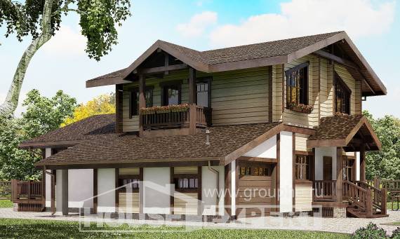 190-004-П Проект двухэтажного дома с мансардой и гаражом, красивый дом из бризолита из бревен, Туапсе